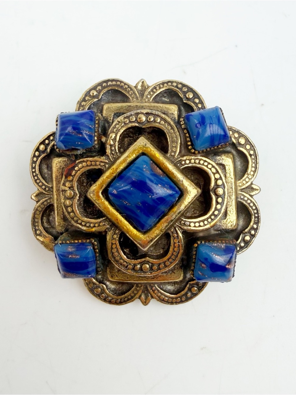 Vtg Original by Robert Maltese Cross Brooch Pin Blue Art Glass Gold Tone Signed